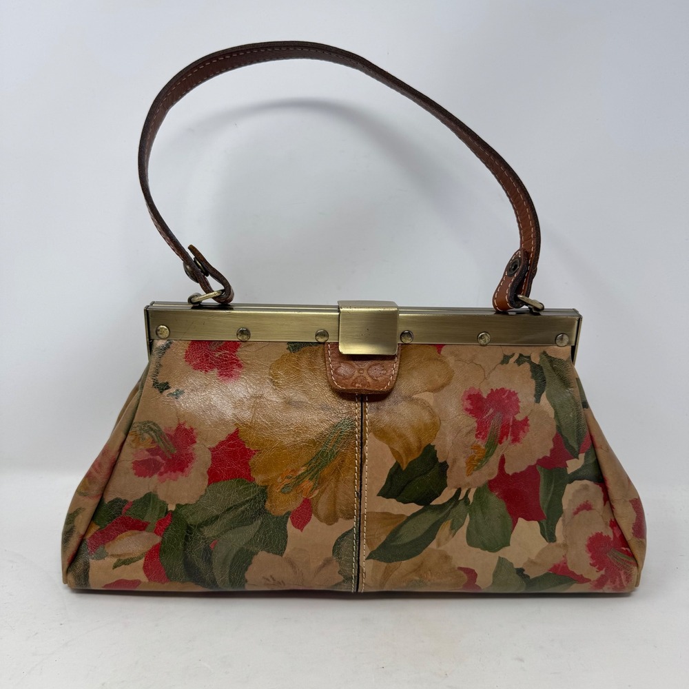 Patricia Nash Floral Print Leather Handbag Tan Hibiscus Kisslock Closure